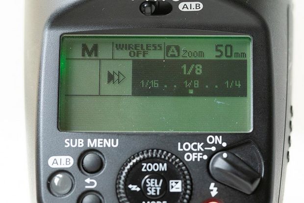 The settings display on the back of a Speedlite.