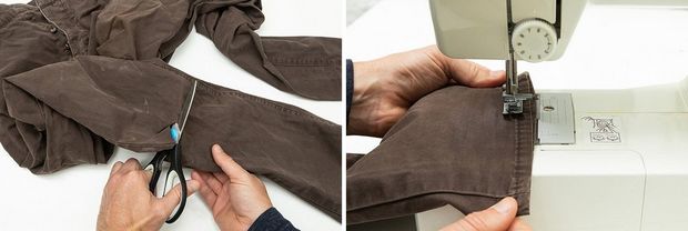 A man using scissors to cut one leg off a pair of trousers. A man's hands using a sewing machine to sew up the opening of a trouser leg.