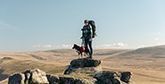 A person wearing hiking gear and a large rucksack stands on top of a rocky outcrop with their dog. In the background, acres of remote moorland can be seen.