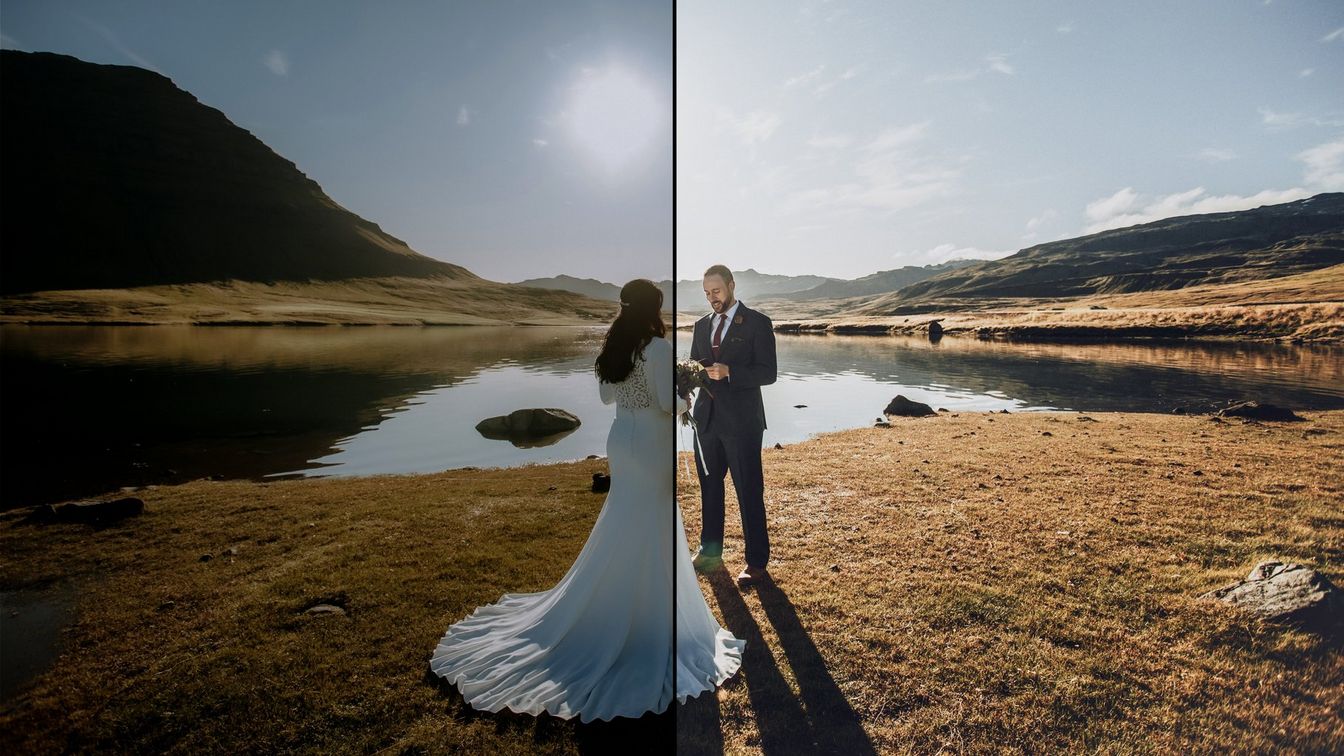 لقطة لزوجين قبل التصوير وبعده في يوم زفافهما بجوار بحيرة -داكنة ولم يتم تحريرها على اليسار- توضح الإصدار الأفتح على اليسار بعد تحريرها في برنامج DPP.