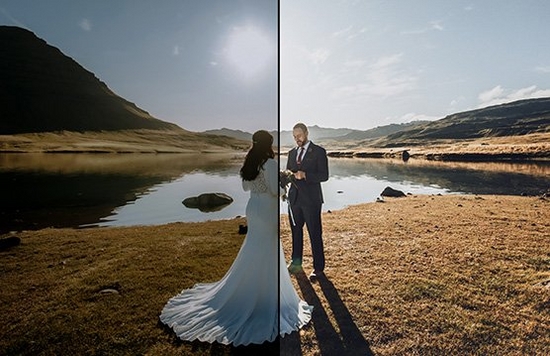 A before and after shot of a couple on their wedding day next to a lake, dark and unedited on the left, showing the lighter version on the right, edited in DPP.