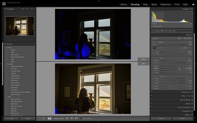 لقطة شاشة لبرنامج Adobe® Lightroom®‎ توضح درجتي إضاءة مختلفتين لصورة امرأة تضع مكياجًا وهي تقف أمام نافذة في غرفة مظلمة.