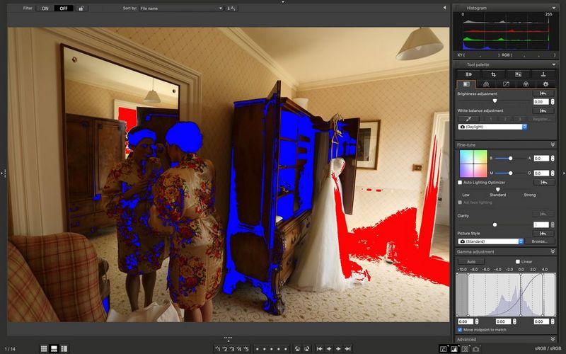 A screenshot of DPP showing an image of a bride getting ready. Underexposed areas are highlighted in blue, overexposed areas in red.