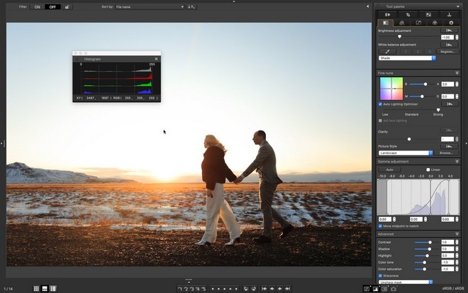 لقطة شاشة لإعدادات درجة الإضاءة في برنامج DPP يتم تطبيقها على صورة لزوجين على شاطئ مهجور يمسكان بأيدي بعضهما.