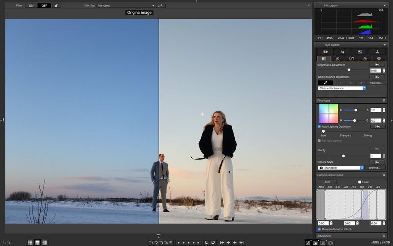 A screenshot of DPP showing the colour balance being corrected on an image of a newlywed couple standing in the snow.