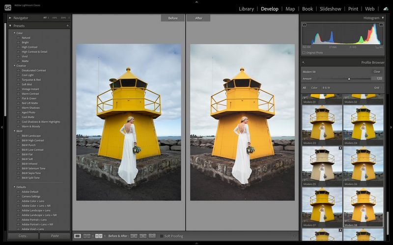 A screenshot of Adobe® Lightroom® showing profile presets being applied to an image of a bride standing in front of a yellow lighthouse.
