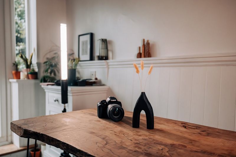 A Canon EOS 850D on a tabletop, next to a wooden vase, with a vertical LED strip light set up in the background.