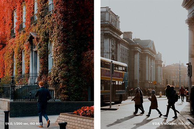 A man walking past a row of houses covered in autumnal foliage (left).Three people crossing the road next to a bus on the streets of Dublin (right).