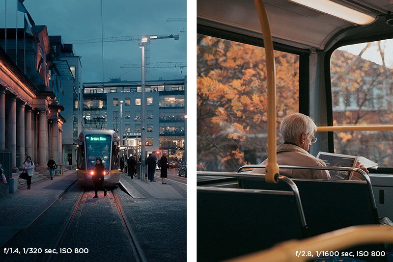 A tram on the tracks in Dublin city centre (left). An old man reading the newspaper on the top level of a double-decker bus (right).
