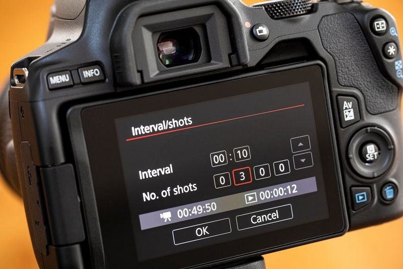 A Time-lapse video settings screen showing that 300 shots taken 10 seconds apart will take just under 50 minutes to shoot and last 12 seconds on playback.