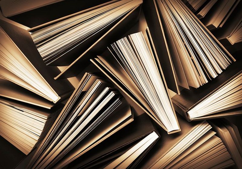 Sepia graphic of hard-backed books as seen from above, with pages fanned out.