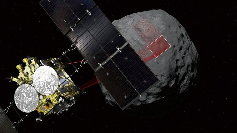 Image of the spacecraft Hayabusa2 approaching the asteroid Ryugu (Image reproduced with kind permission of JAXA)