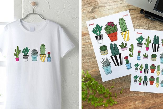 A white t-shirt with cacti iron on transfers (left). Two pages of different cacti images to be used as iron on transfers (right).