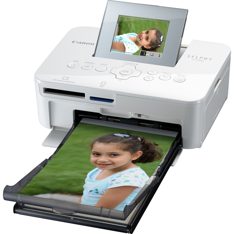 Canon SELPHY CP1000 – Weiß Produkt Ansicht von rechts mit herauskommendem Druck
