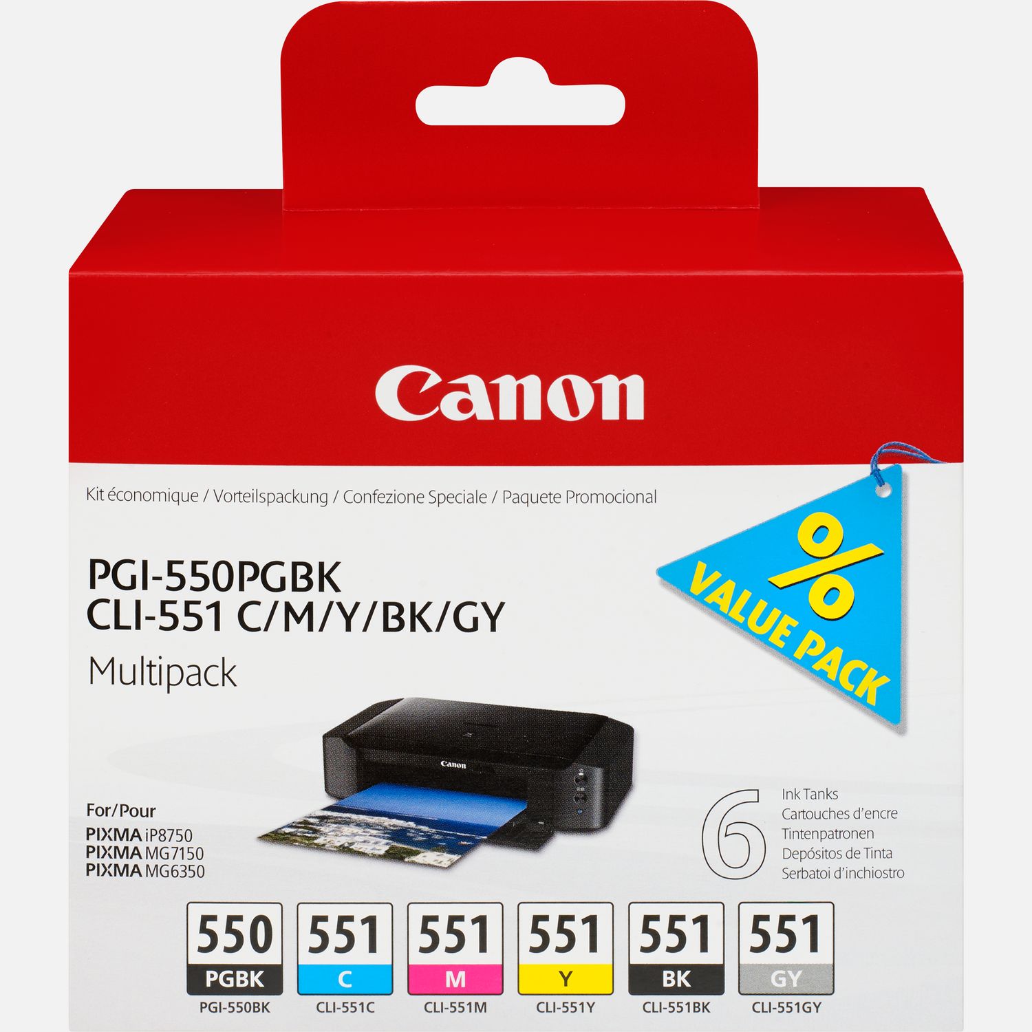 CLI-551 para Canon Pixma IP8700 IP8750 MG6300 MG6350 MG7100 MG7150 MG7500 MG7550 6 Cartuchos de Tinta con viruta Compatible con Canon PGI-550 