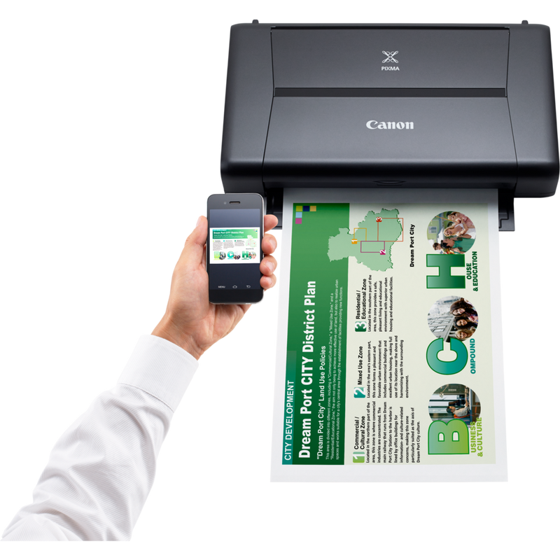 Canon PIXMA iP110 with Battery Product Front View With A Person Printing From a Smartphone