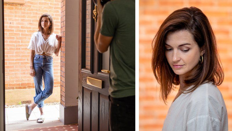 A composite image: left, a photographer captures a women standing on a front porch; right, a portrait of a woman with a brick wall behind.