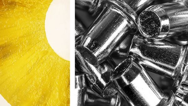 A composite image: left, a section of pineapple taken with a macro lens; right, a selection of furniture rivets.