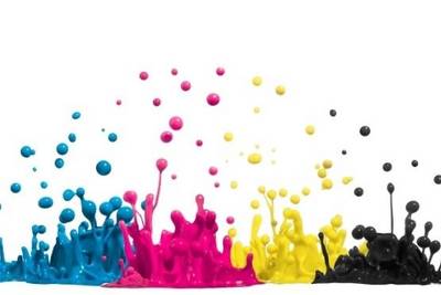 Blue, pink, yellow and black ink splashes