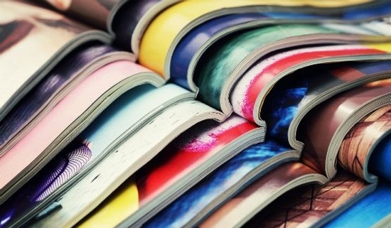 Colourful magazines opened stacked on top of eachother