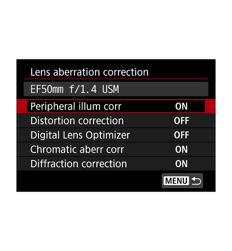 Menu options for lens corrections on EOS 5D Mark IV
