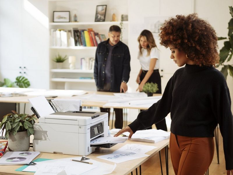 Une femme prenant une impression d'une imprimante Canon MAXIFY dans un bureau avec deux autres personnes en arrière-plan.