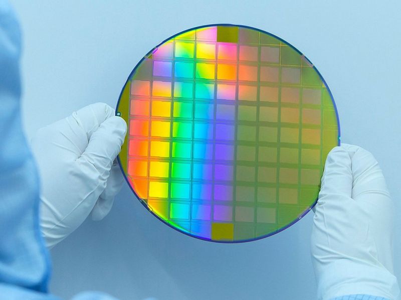 A person in a cleanroom suit holds a silicon wafer up in two gloved hands