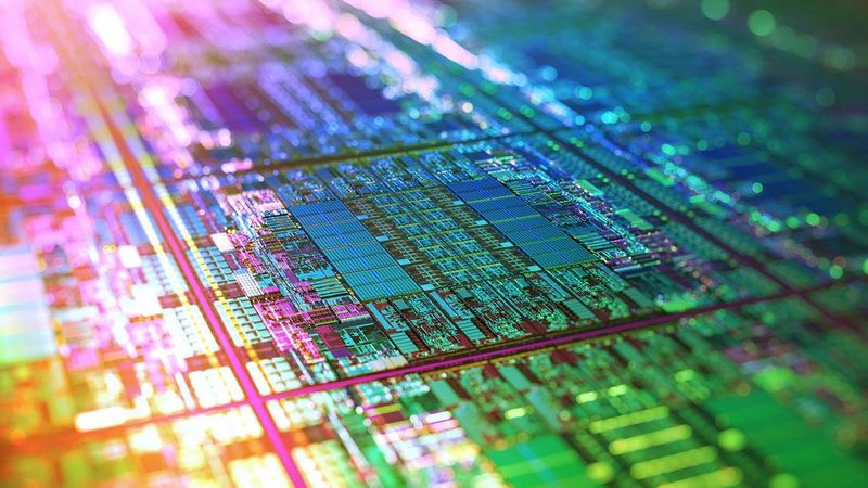 A close-up of an Iridescent Silicon Microchip Computer Wafer in rainbow colours.