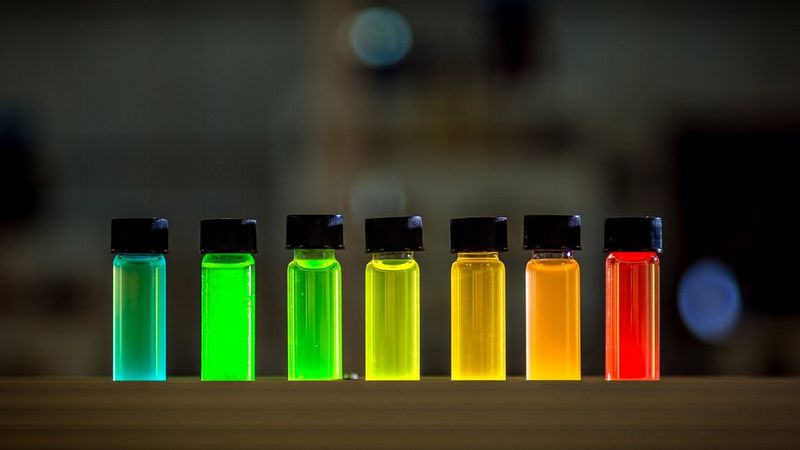A row of black-capped vials containing fluorescent liquids.