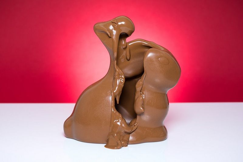 A series of pictures showing a chocolate bunny melting.