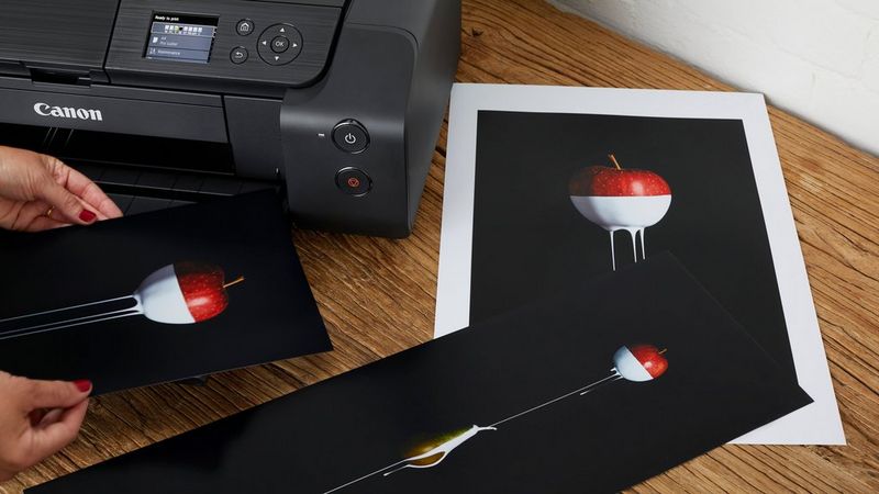 Fotograf care examinează diverse fotografii de înaltă calitate cu o gamă largă de tonuri şi nuanţe, realizate cu PIXMA PRO-200