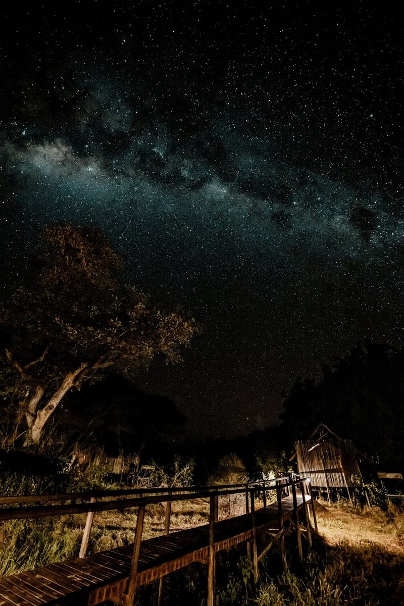 The Milky Way and thousands of stars glow in the night sky above a wooden hut and walkway.