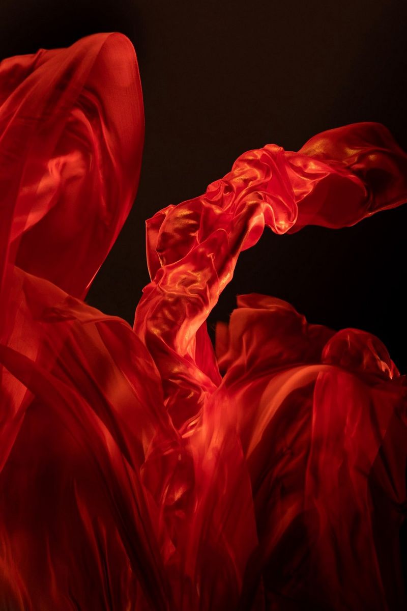 Une danseuse drapée d'étoffe rouge qui s'agite comme une flamme.