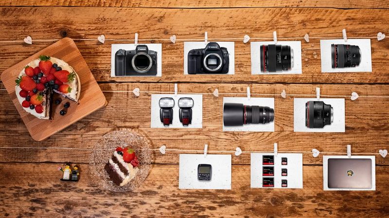 Équipement de Fabio Mirulla contenant des appareils photo, des objectifs et des accessoires Canon.