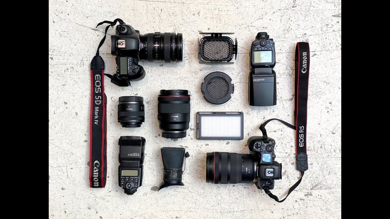 Équipement de Gabriele Galimberti contenant des appareils photo, des objectifs et des accessoires Canon.