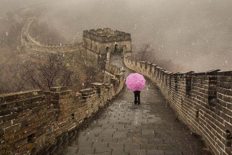 A figure obscured by a pink umbrella standing on the Great Wall of China as snow falls.