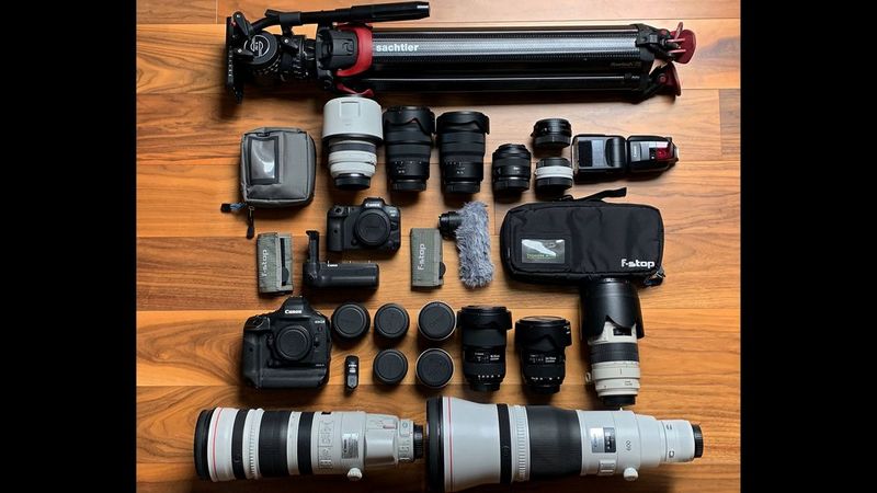 Équipement de Thorsten Milse contenant des appareils photo, des objectifs et des accessoires Canon.