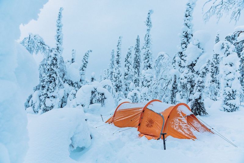 Tente orange entourée d'arbres enneigés en Laponie finlandaise.