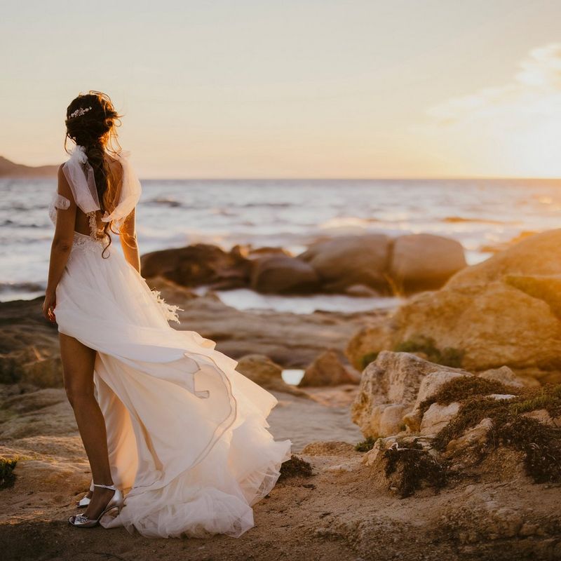 A bride in a long, flowing white dress stands on a rocky coastline, with her back to the camera, as the sun sets over the ocean.