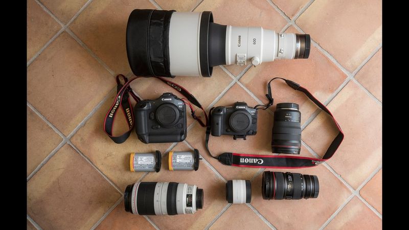 Bruno D'Amicis' kitbag containing Canon cameras and lenses.