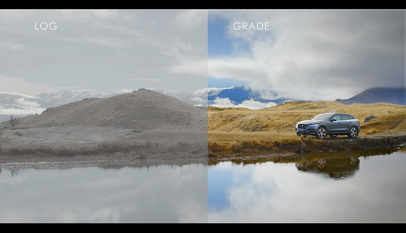 一辆捷豹F-PACE停在湖边，一半框架显示佳能日志版本，另一部分显示分级版本。
