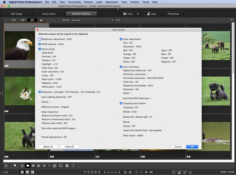 DPP’s Copy Recipe window, showing the settings that can be included in the Recipe or not included.