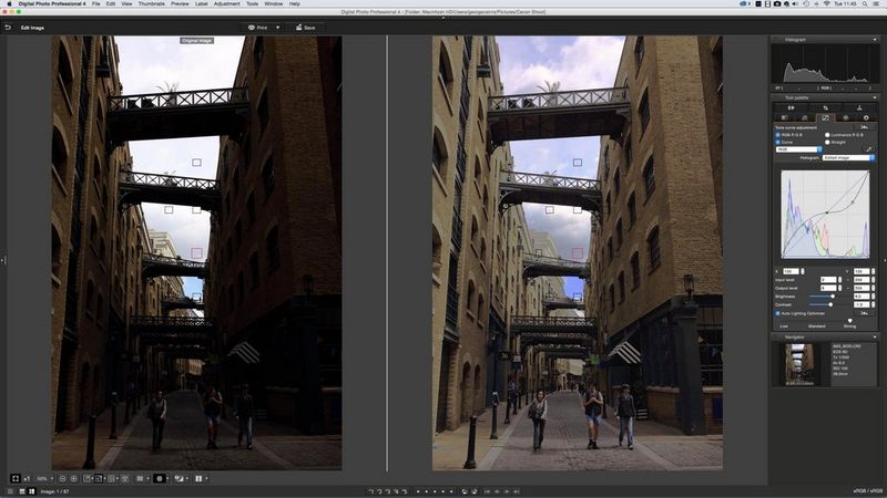 Deeply shadowed buildings lightened in DPP to reveal detail without blowing out highlight areas in the sky behind.