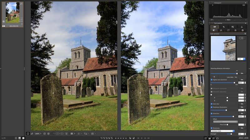 A photo of a church and gravestones being processed in DPP’s Digital Lens Optimizer.