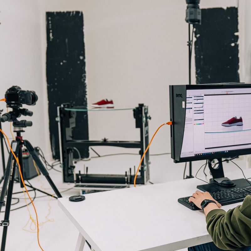 In a studio, a Canon EOS camera on a tripod faces a glass table with a single red trainer on it. A man is viewing the image of the shoe in software on his monitor.
