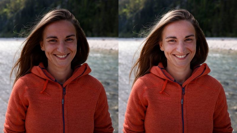 A split image. Left, a portrait of a smiling woman in a red hoodie with a body of water in the background; right, the same image with the woman's face noticeably lightened.