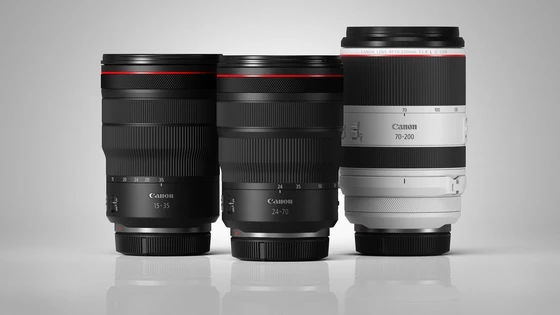 Canon's three professional f/2.8 RF lenses: RF 15-35MM F2.8L IS USM, RF 24-70MM F2.8L IS USM and RF 70-200mm F2.8L IS USM.