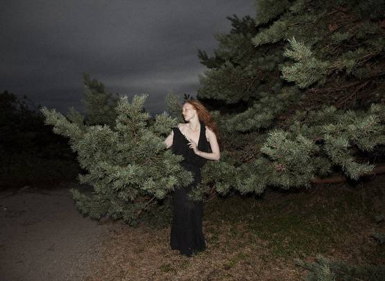A night-time shot of a woman in a black evening dress standing amidst the branches of a large tree.