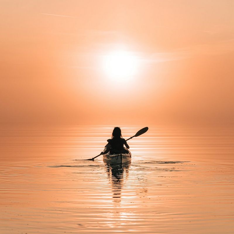 A person kayaking on still water, in silhouette, with the setting sun turning the water orange.