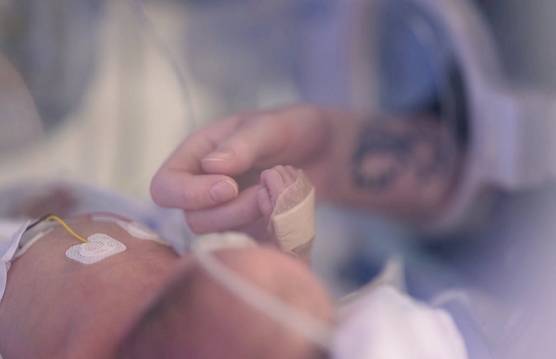 In a still from a video shot on a Canon EOS C70, an adult hand rests inside a baby incubator, the tiny hand of the baby holding on to one finger. 